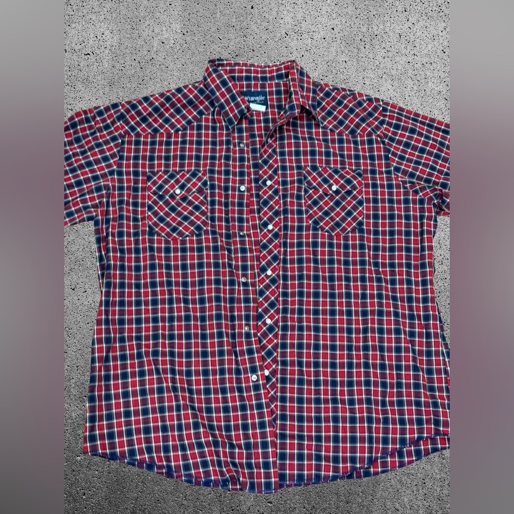 Wrangler Red, White & Blue Plaid Western Pearl Snap Short Sleeve Shirt